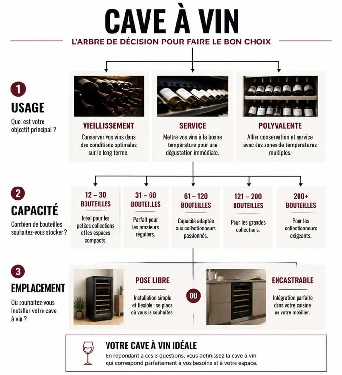 Infographie pour choisir sa cave à vin selon l'usage et la capacité