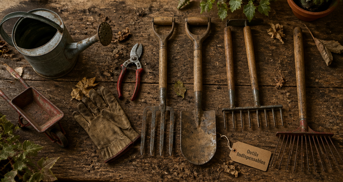 Outils de jardinage liste avec photos sur plan de travail bois