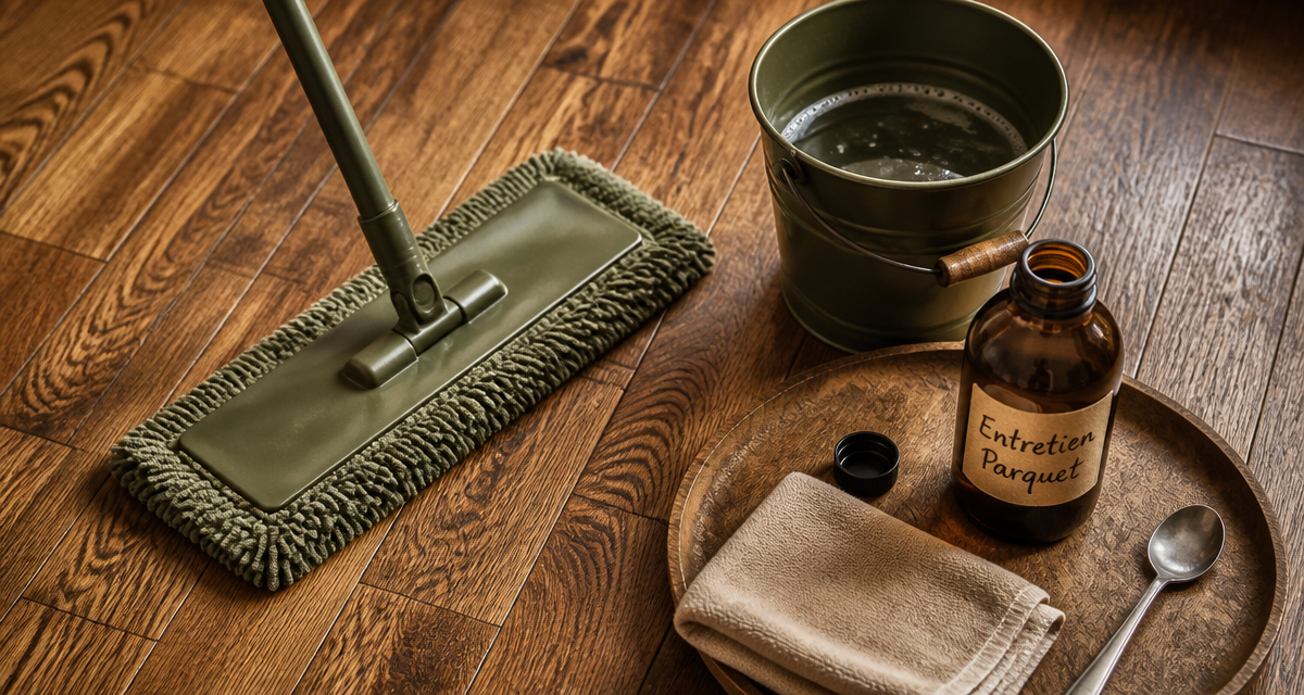 nettoyer parquet vitrifié savon noir avec microfibre et seau
