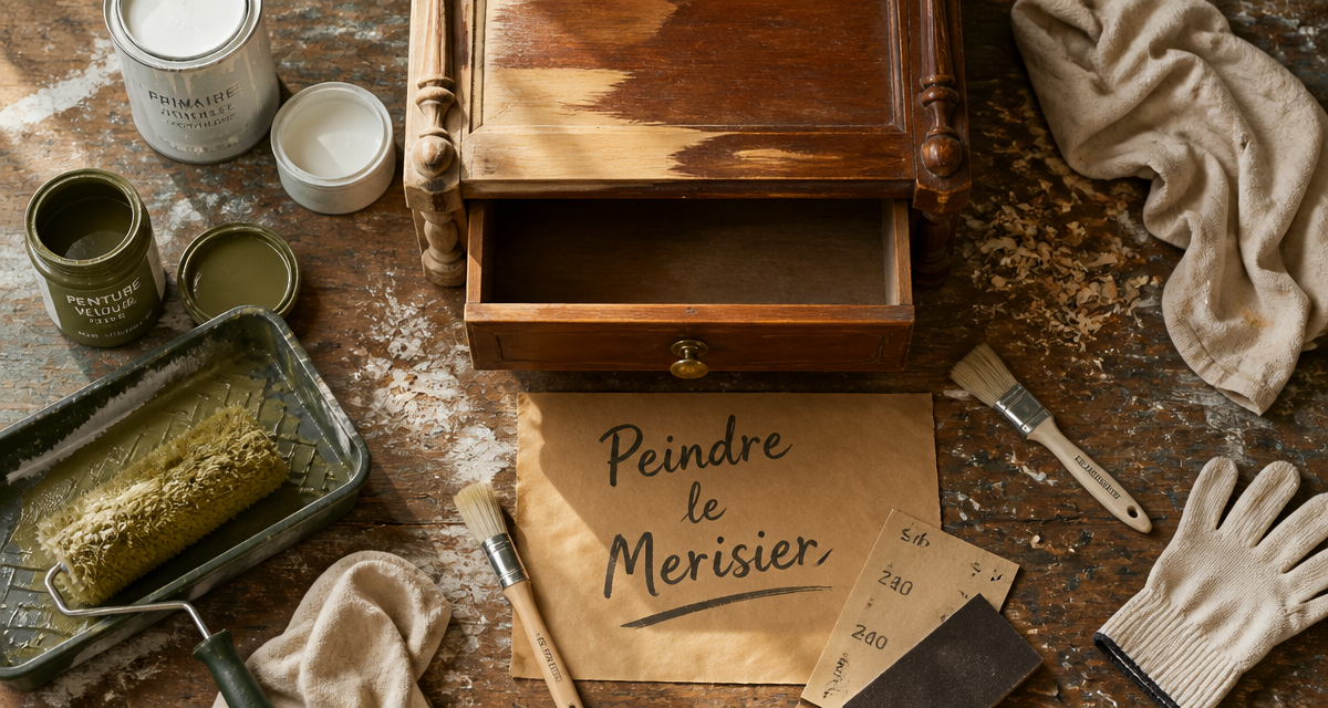 Peindre un meuble merisier, outils et primaire sur établi