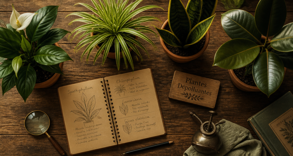 plantes d'interieur depolluante en pots sur table