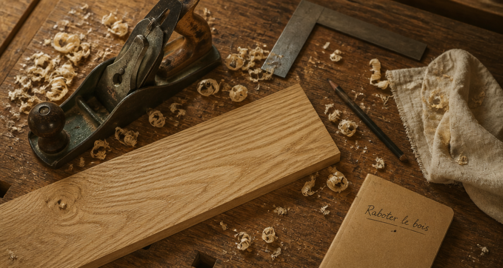 Raboter bois sur établi avec outils artisanaux