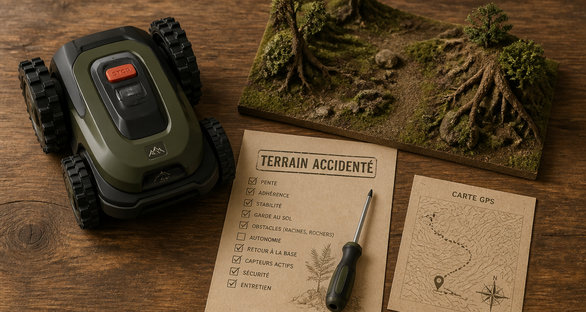 Robot tondeuse terrain accidenté vue flat-lay