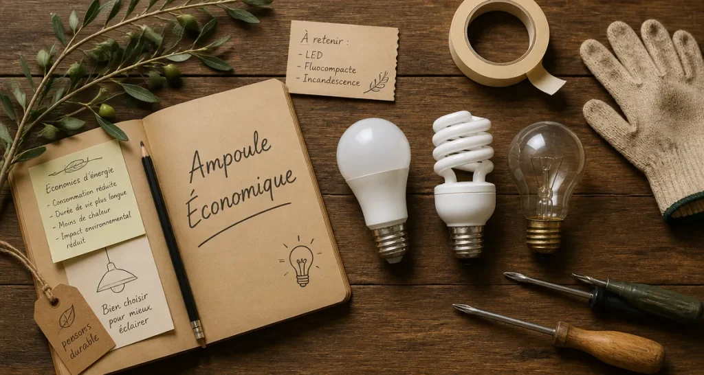 ampoule economique LED fluocompacte incandescence sur plan de travail