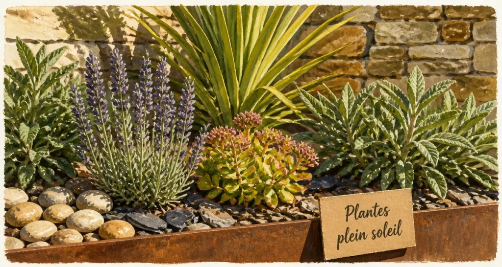 Plantes plein soleil sans arrosage : lavande et sedum en massif