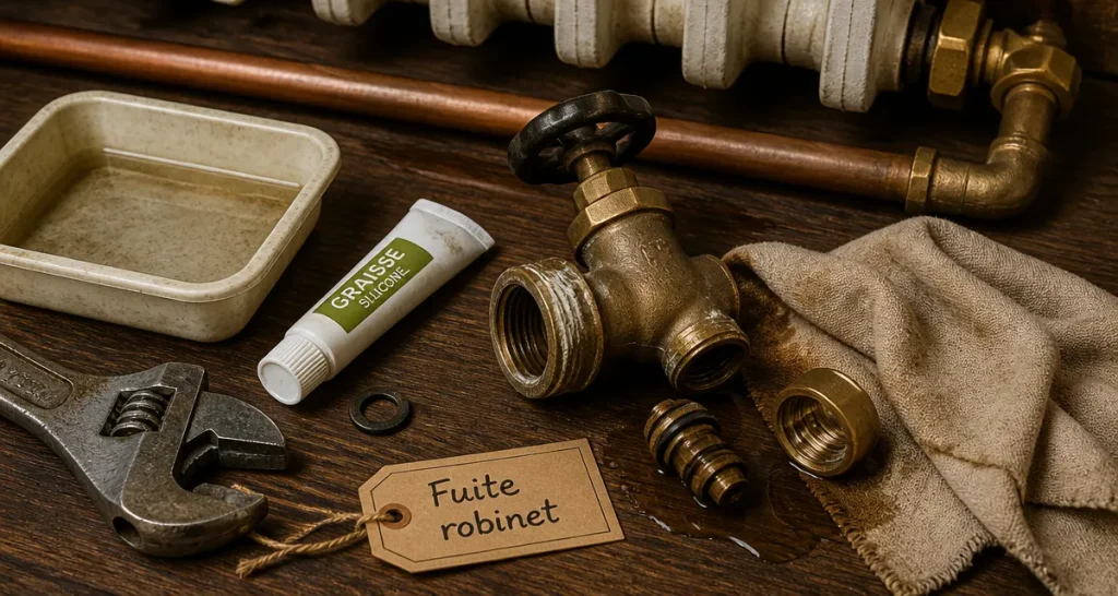 robinet radiateur fuite : robinet en laiton, traces de calcaire et chiffon absorbant