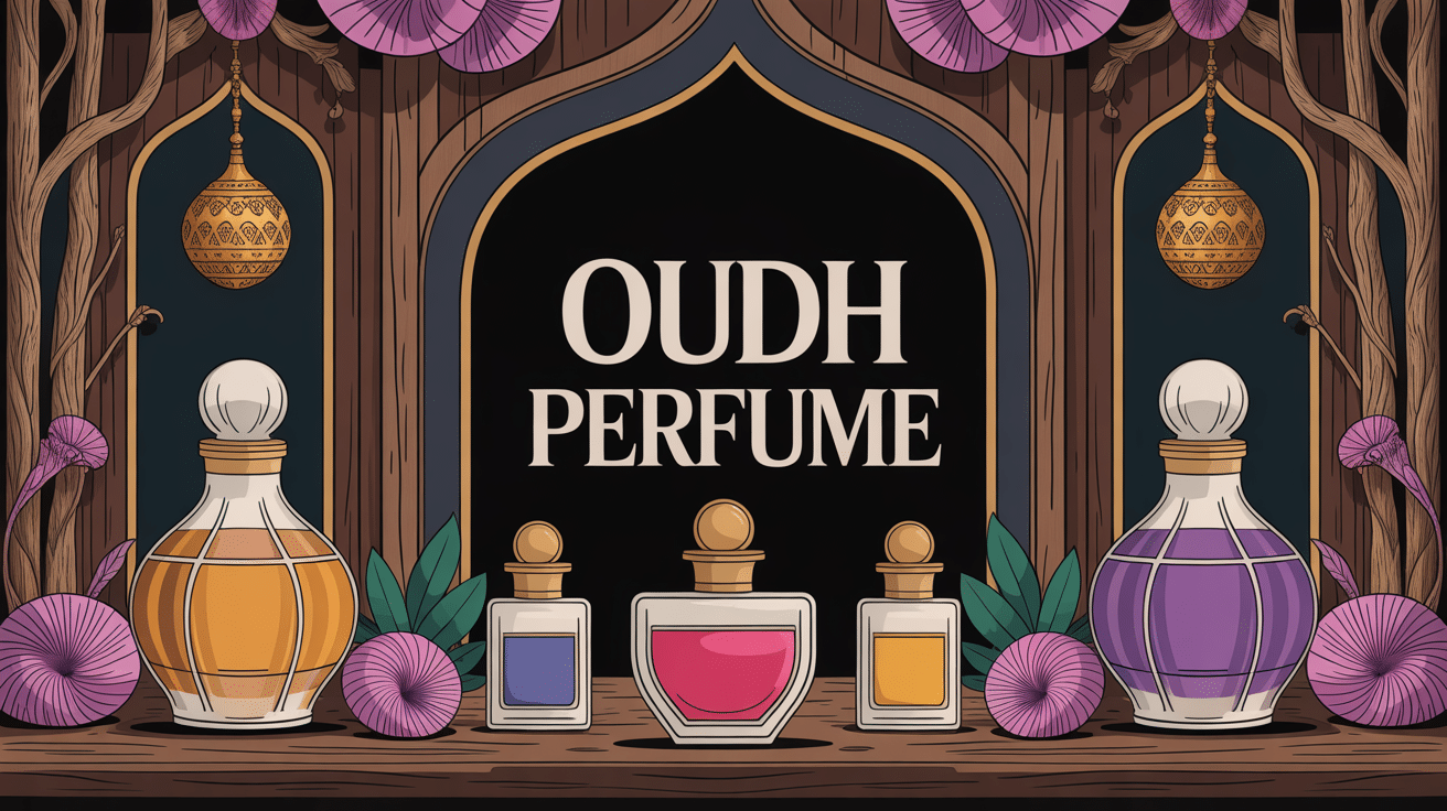 illustration oudh perfume flacons bois d'agar doré
