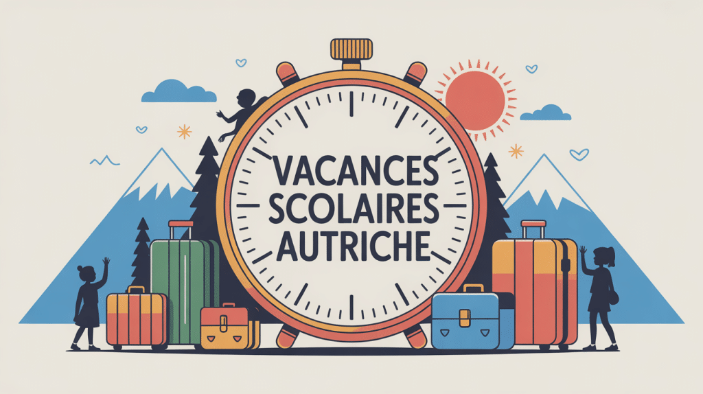 Illustration vacances scolaires Autriche horloge valises montagnes