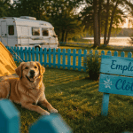 Camping avec emplacement clôturé pour chien, chien libre près d'une tente