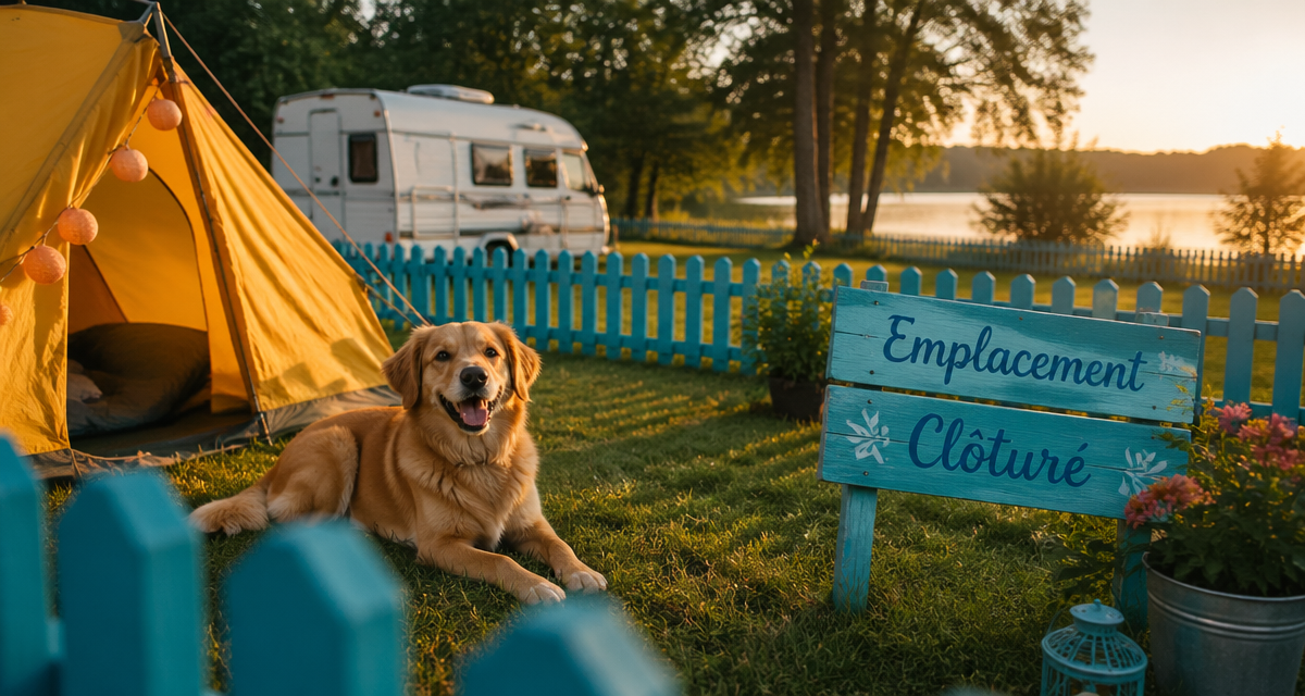 Camping avec emplacement clôturé pour chien, chien libre près d'une tente