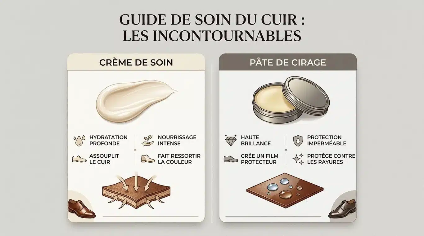Infographie comparative : Crème de soin vs Pâte de cirage pour l'entretien du cuir