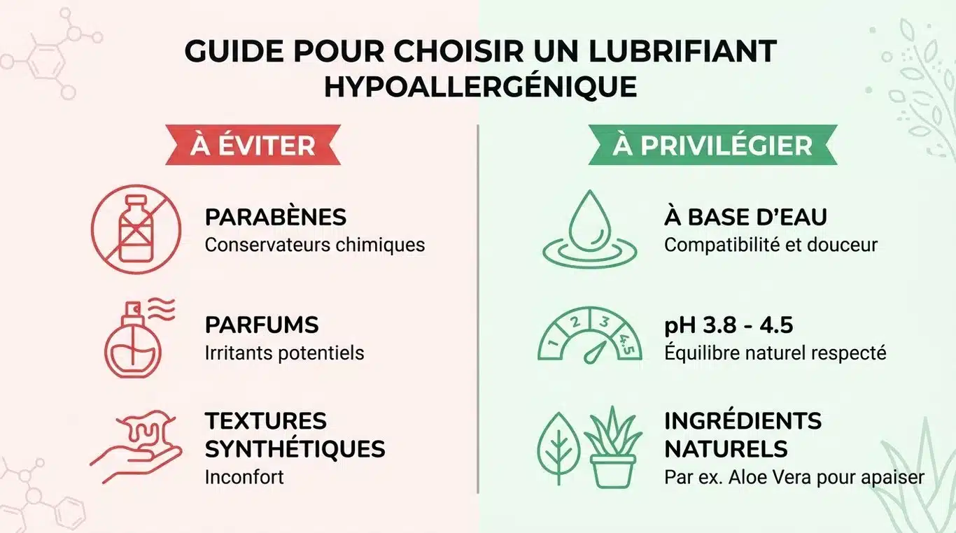 Infographie récapitulative des critères de choix pour un lubrifiant hypoallergénique : ingrédients à éviter versus caractéristiques recommandées.