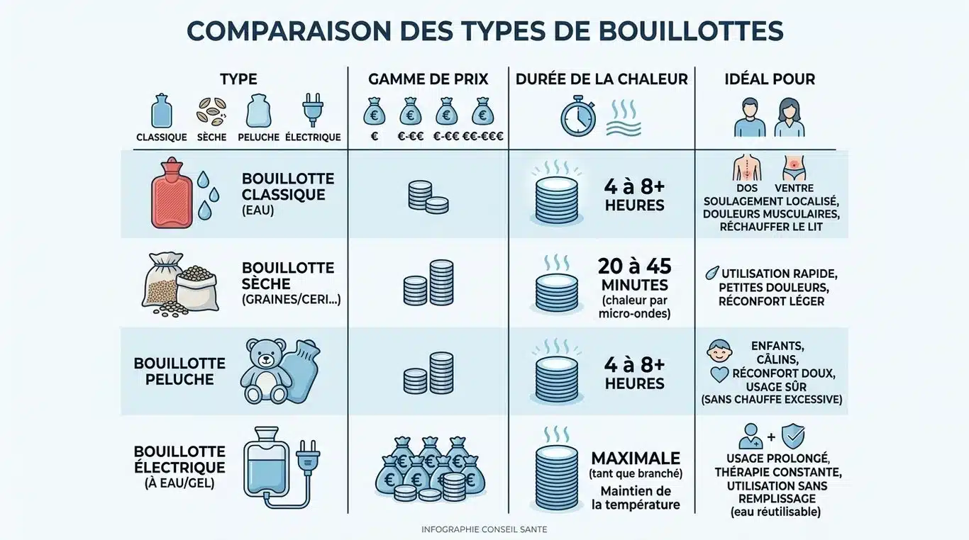 Infographie comparative des types de bouillottes en pharmacie : prix, durée de chaleur et usage recommandé.