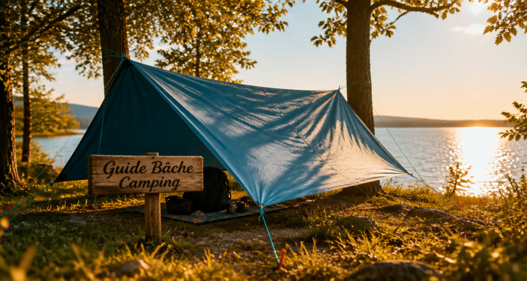 bache camping tendue au bord d’un lac