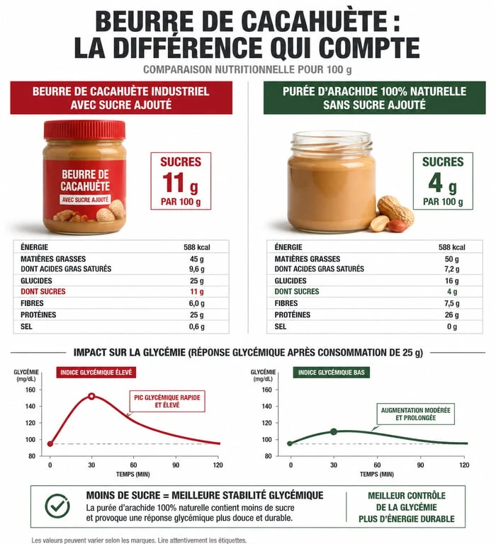 Infographie comparative : beurre de cacahuète sans sucre vs classique