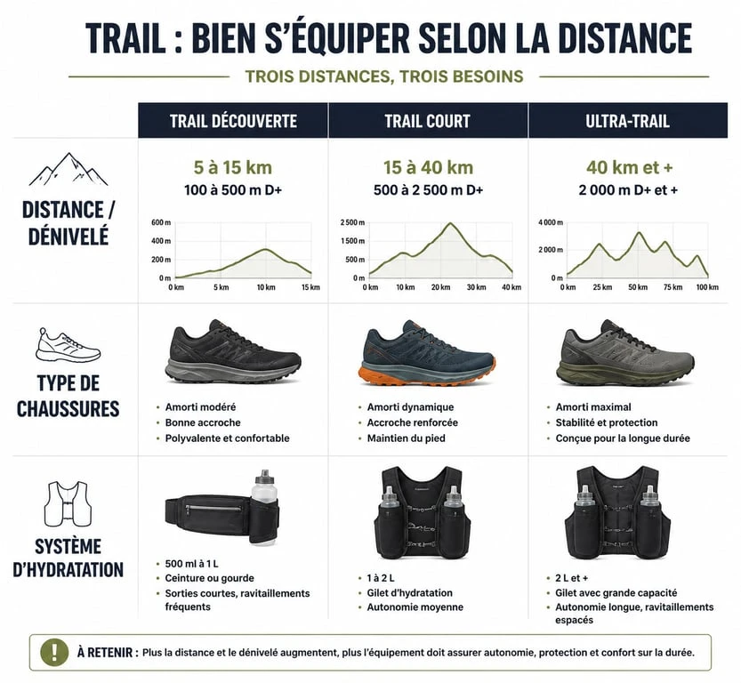 Infographie comparative des équipements de trail running selon la distance et le dénivelé