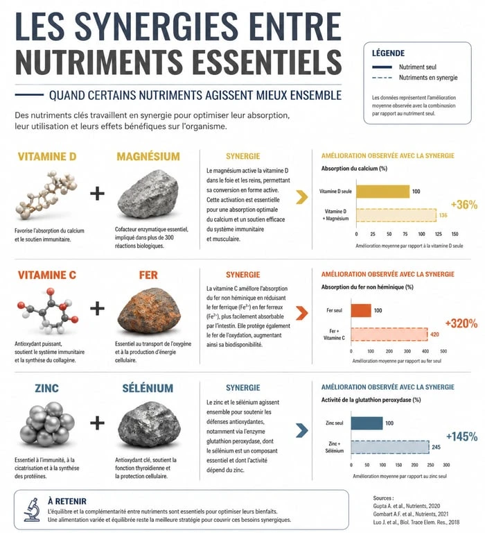 Infographie sur les synergies entre vitamines et minéraux pour une meilleure absorption des compléments alimentaires