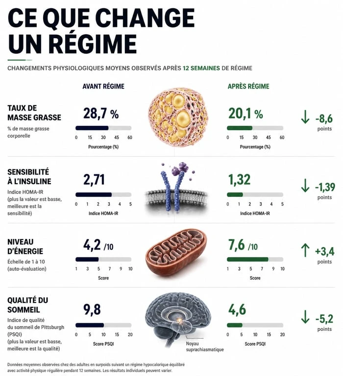 Infographie des changements physiologiques avant et après un régime