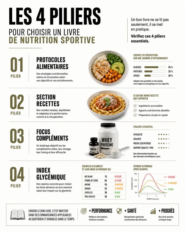 Infographie des critères de sélection pour choisir un livre sur la nutrition sportive efficace