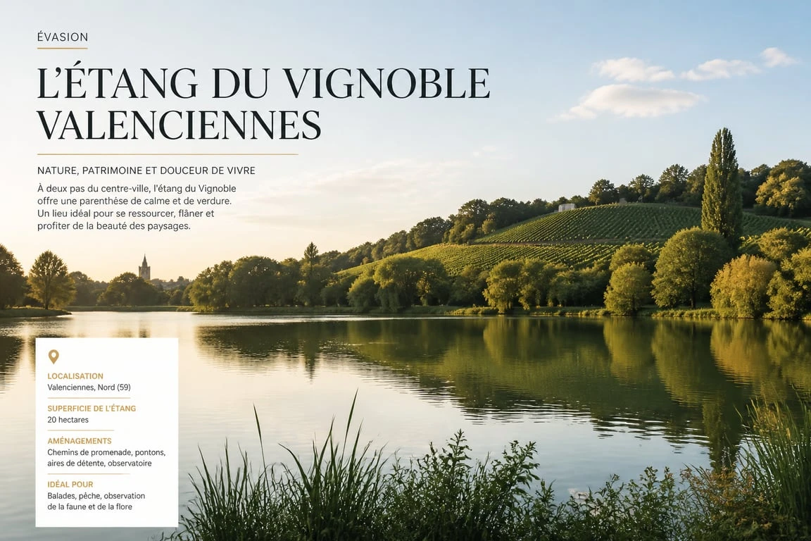 Vue panoramique de l'étang du Vignoble à Valenciennes, un espace naturel préservé idéal pour la promenade et les loisirs.
