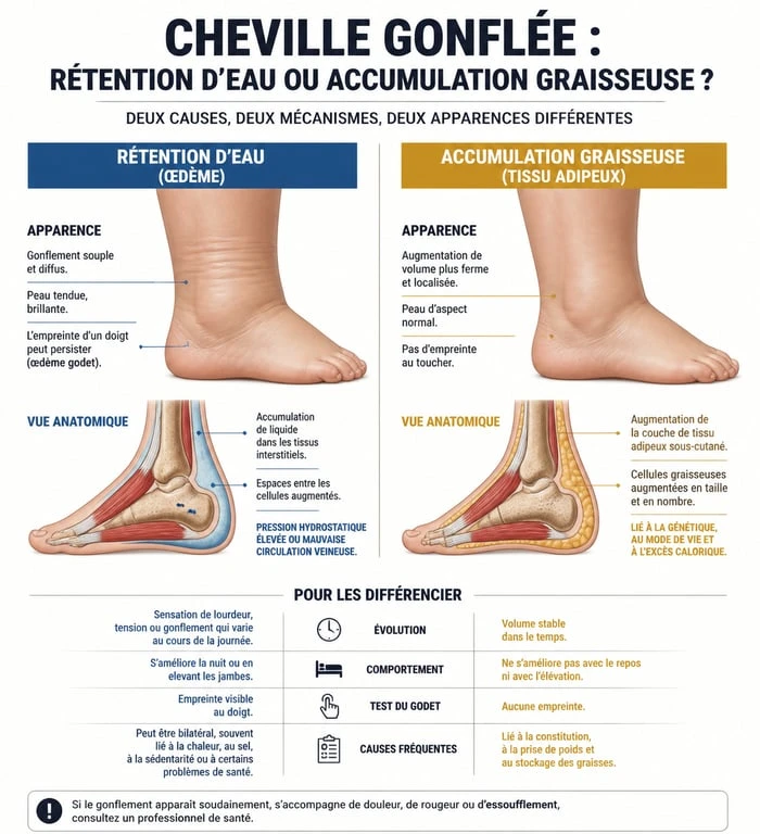Infographie explicative sur les causes des chevilles épaisses : rétention d'eau versus accumulation graisseuse pour mieux comprendre comment affiner ses chevilles.