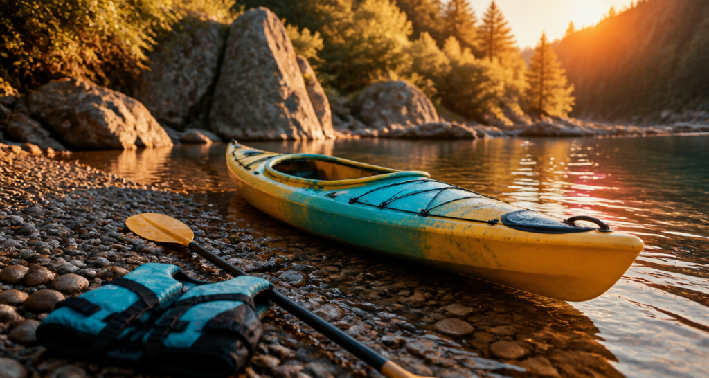 kayak riviere jaune turquoise sur galets