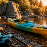 kayak riviere jaune turquoise sur galets