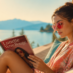 femme avec lunette verre rouge sur terrasse