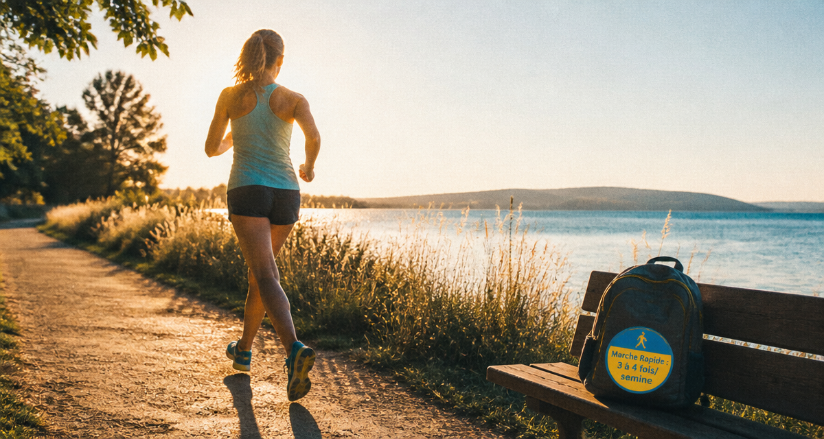 Marche rapide combien de fois par semaine, femme active au bord d'un lac