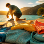marque de vêtements de sport pliés sur terrasse au bord d’un lac