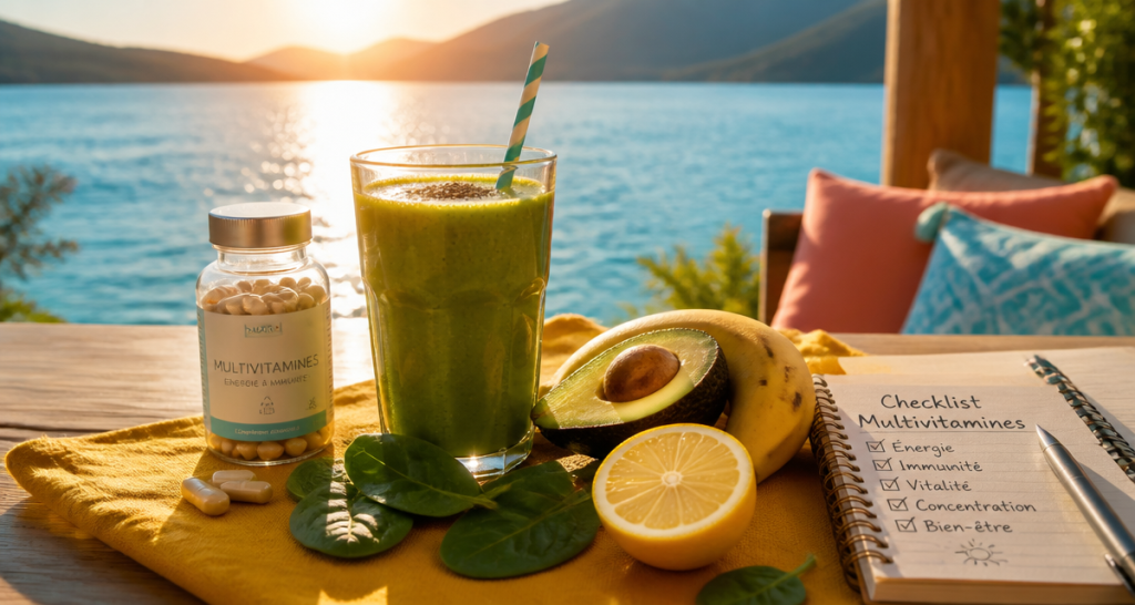 flacon multi vitamines et mineraux smoothie fruits terrasse lac