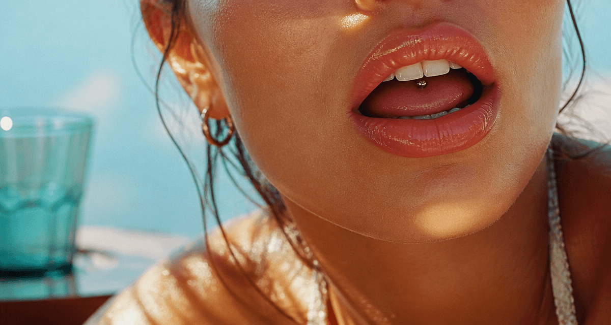 Piercing langue surface horizontal sur femme moderne