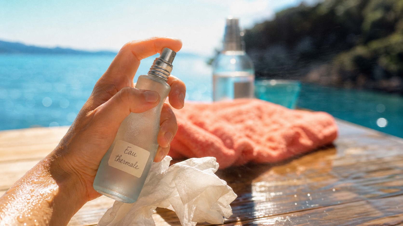 Bienfaits eau thermale : spray sur peau, gouttes apaisantes