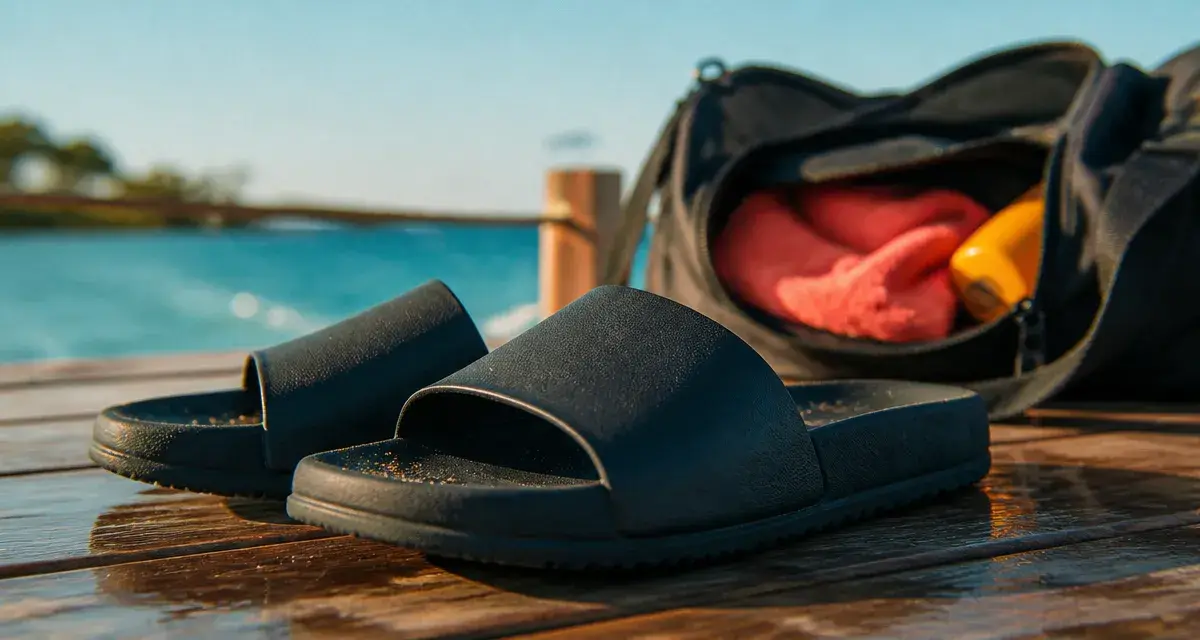 Claquette noir homme : claquettes noires sur terrasse près de l’eau