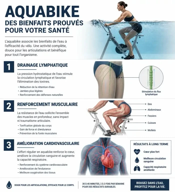 Infographie sur les bienfaits de l'aquabike pour la santé et la silhouette à Paris 17