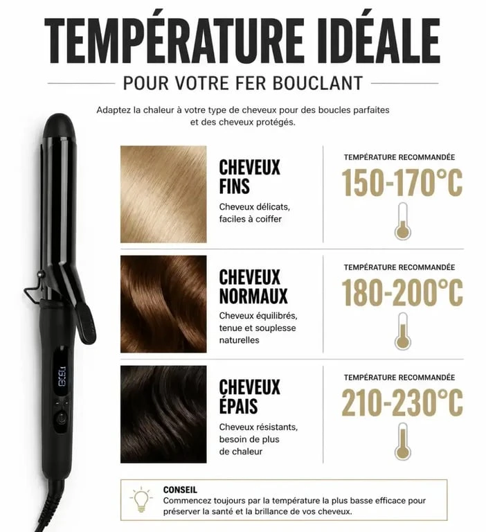 Infographie des températures recommandées pour fer bouclant selon le type de cheveux