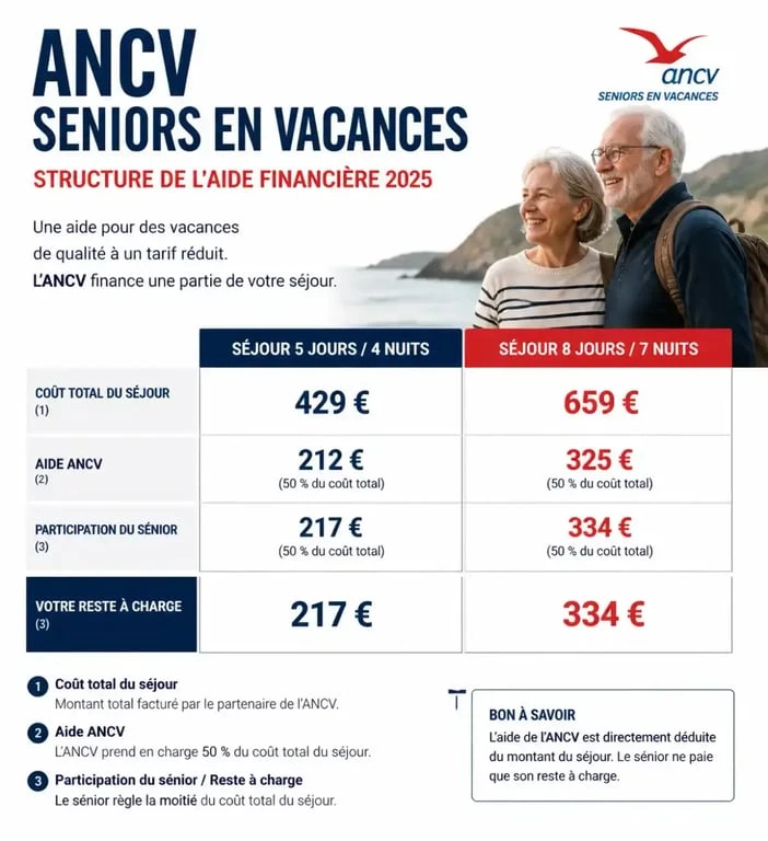 Infographie des tarifs et aides financières ANCV Seniors en Vacances 2025