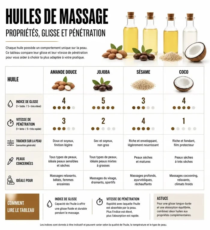 Infographie comparative des propriétés des huiles végétales pour choisir la meilleure huile de massage