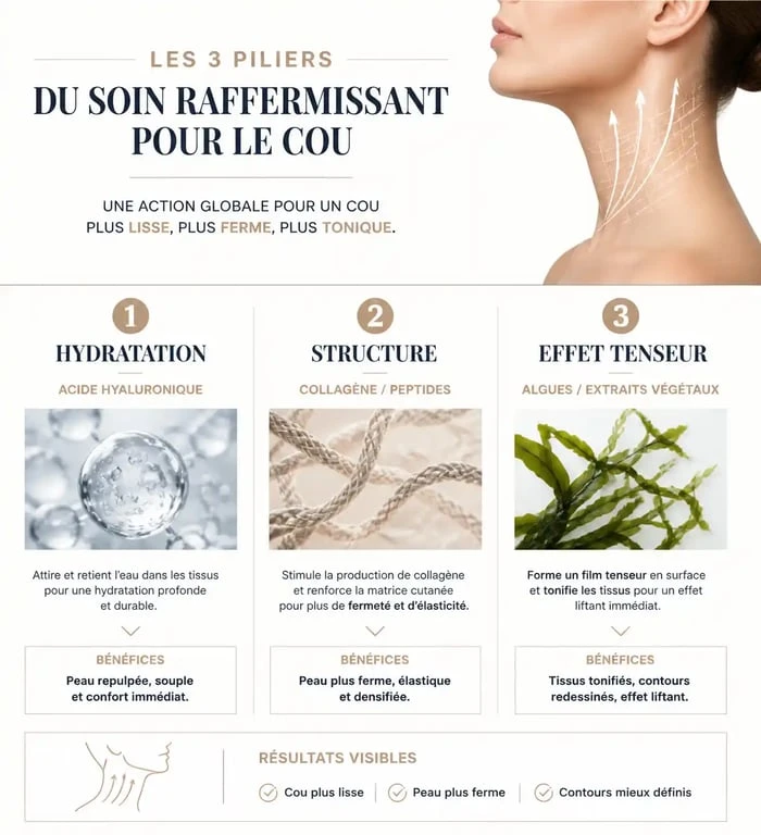 Infographie sur les actifs clés de la meilleure crème raffermissante pour le cou et leurs bienfaits pour la peau