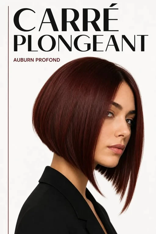 Carré plongeant roux foncé, coupe de cheveux asymétrique avec reflets cuivrés profonds