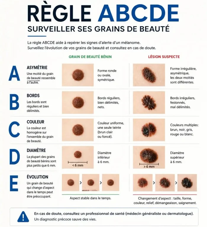 Infographie explicative de la règle ABCDE pour surveiller un bouton sur un grain de beauté et identifier les signes suspects.