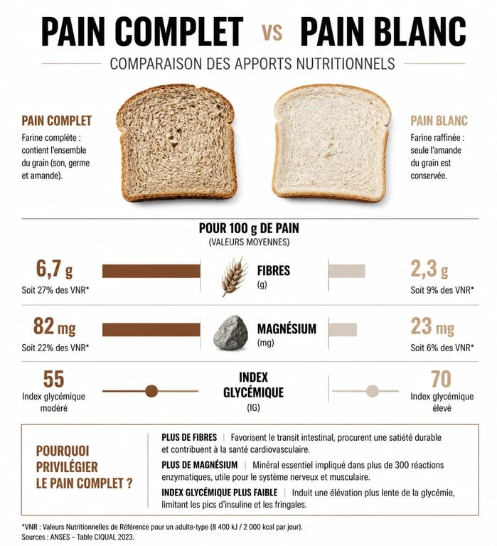 Infographie comparative des bienfaits nutritionnels du pain complet versus pain blanc