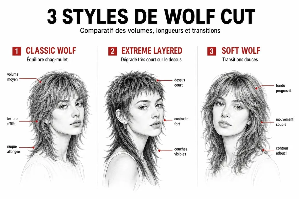 Comparatif des différents styles de coupe wolf cut : Classic, Extreme et Soft pour choisir sa coiffure.