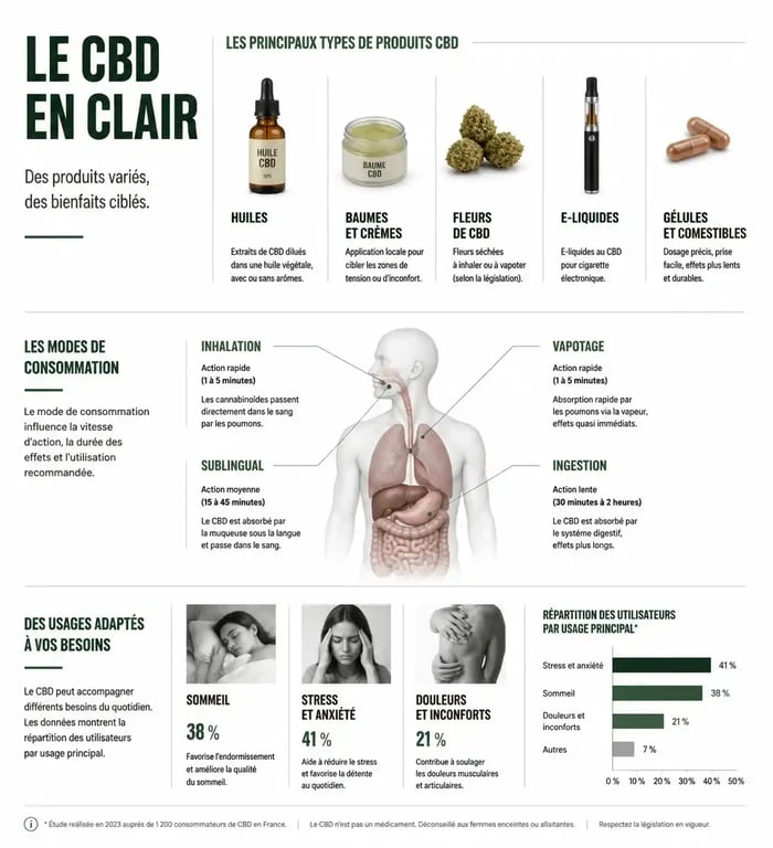 Infographie récapitulative des produits CBD Le Point Chanvre : types, modes de consommation et bienfaits