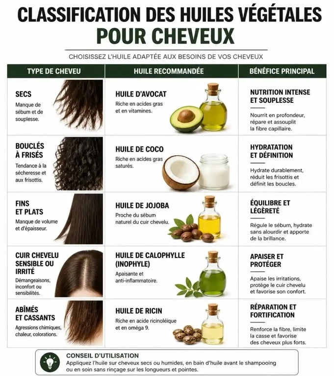 Infographie des meilleures huiles pour cheveux selon le type de cheveu et les besoins capillaires