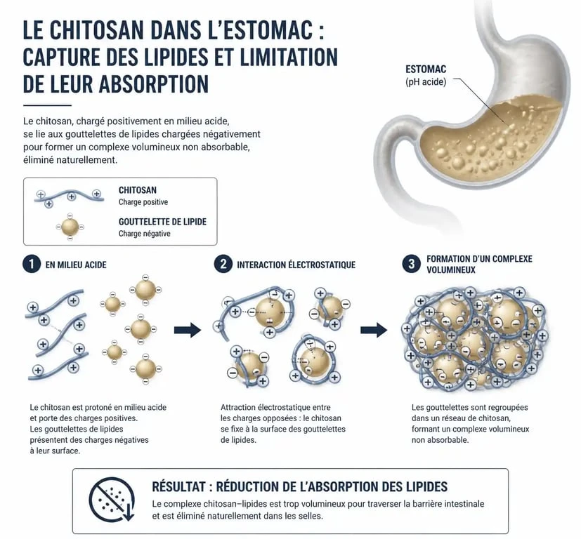 Schéma explicatif du mécanisme d'action du chitosan comme capteur de graisses dans le système digestif