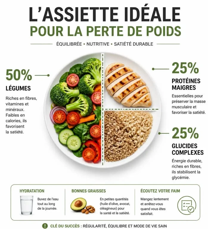 Infographie de la répartition idéale d'une assiette pour un plan alimentaire pour perte de poids