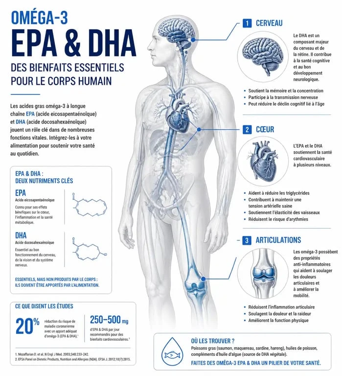 Infographie des bienfaits de l'huile de poisson et des oméga-3 sur la santé