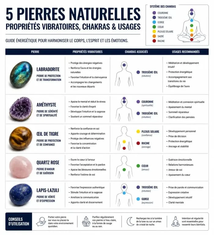 Infographie des propriétés et vertus des pierres naturelles en lithothérapie France Minéraux