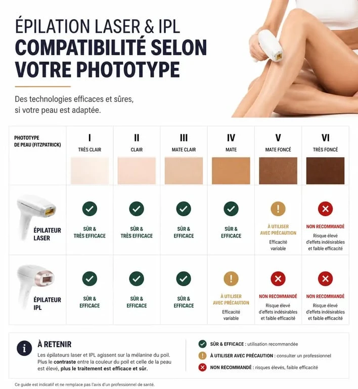 Infographie sur la compatibilité des phototypes de peau avec le meilleur épilateur laser et IPL